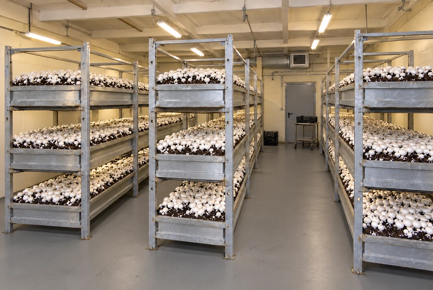 Illustrative button mushroom growing room with tiered beds and working aisles